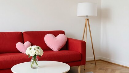Romantic Living Room Interior &ndash; Red Sofa with Heart Pillows, Cozy Decor, and Warm Atmosphere