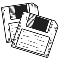 Floppy disks in black and white sketch illustration style  