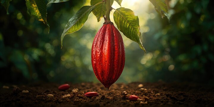 Raw cacao beans hanging from the tree, highlighting fermentation and drying processes in chocolate manufacturing