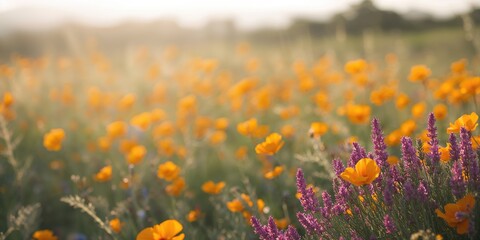 Bright purple blooms alongside orange California Poppies in a vibrant flower bed, focusing on seasonal flowering patterns