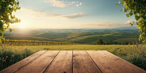 Tuscany spring setting featuring a wooden table with free space for design, designed as a background for editorial headers, Earth Day