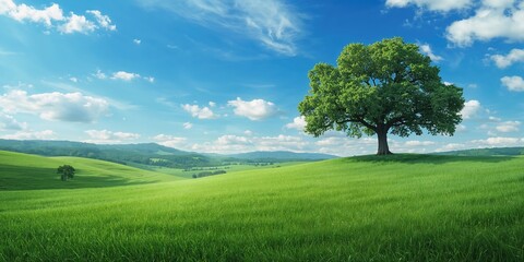 Fototapeta premium Summer meadow scene with vibrant green grass and blue sky, suitable for UI backdrop, springtime