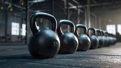 Ultra-realistic image of kettlebells lined up in ascending weights with shallow depth of field in an industrial gym