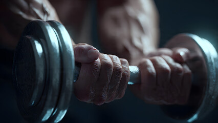 Ultra-realistic image of muscular forearms gripping dumbbells during a controlled curl
