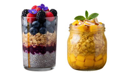 Two glass jars of healthy breakfast featuring chia pudding with berries and overnight oats with mango isolated on a transparent background