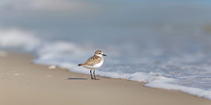 Sanderling on the shoreline gazing back at the beach, coastal bird behavior, seasonal change