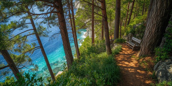 Trail weaving through lush Aleppo pine woodland on a cliff edge overlooking the Adriatic Sea, environmental preservation, Earth Day
