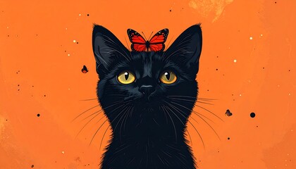 Obraz premium A black feline, gazing serenely, wears a butterfly atop its head. The vibrant composition features an orange background with other butterflies
