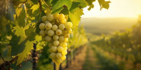 Fototapeta premium White grapes growing in a vineyard, emphasizing agricultural labor during the harvest season
