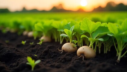 Cultivated Agricultural Field &ndash; Young Green Plants Growing in Rich Soil with Golden Sunlight