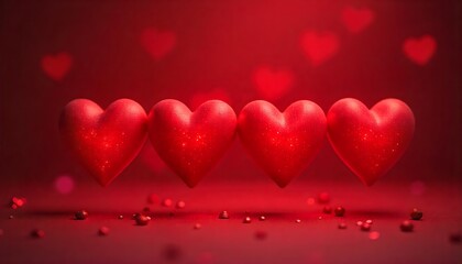 Valentine&rsquo;s Day Heart Ornaments &ndash; Red Glossy Decorations with Golden Sparkle on Romantic Background