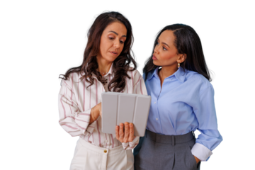 Businesswomen discussing project on tablet, collaborating on new strategy, sharing ideas, transparent background