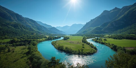 Fototapeta premium Albania's rugged mountains and the lively blue Vjosa river serve as a natural backdrop for environmental awareness, Earth Day