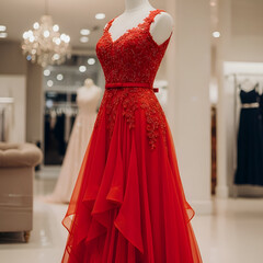 Elegant Red Gown on Mannequin in Boutique Display