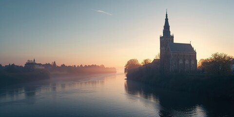 Fototapeta premium Gothic church during early morning hours beside a waterway, ideal for architectural layouts