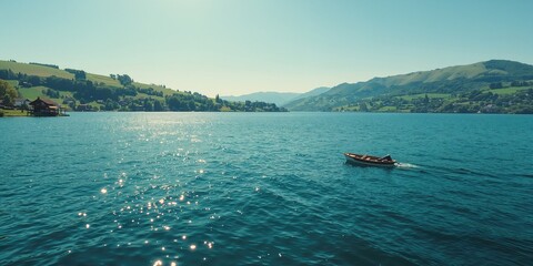 Naklejka premium Vast panorama of Lake Lucerne with mountain backdrop, suitable for nature-themed backgrounds, World Environment Day