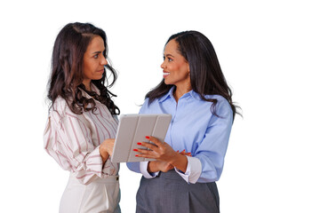 Two professional businesswomen collaborating, discussing work, and exchanging ideas using a digital tablet. Transparent background