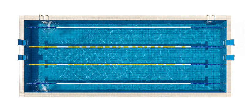 Top view of a rectangular luxury swimming pool with blue water lanes and wooden deck isolated on a transparent background