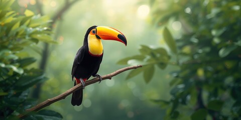 Fototapeta premium Bright toucan sitting on a branch in tropical foliage, highlighting bird diversity, World Bird Day