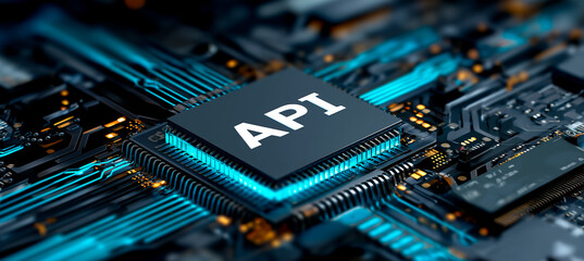 API technology integration concept in circuit board background. Concept of software development and digital innovation