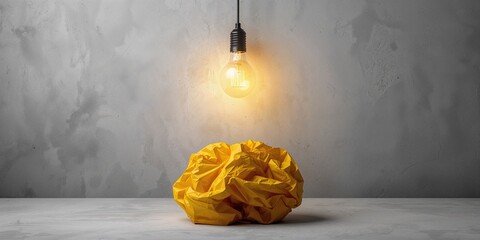 Yellow crumpled paper and a light bulb symbolizing creative thinking, innovation, and inspiration on a gray concrete background