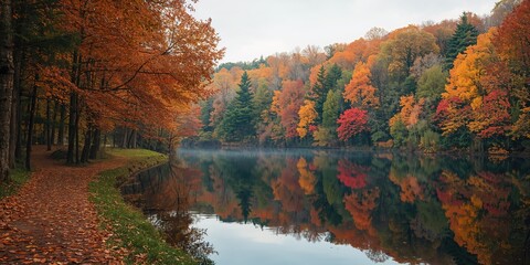 Obraz premium Colorful fall scenery with meandering trails and serene water reflecting autumn hues, highlighting nature preservation