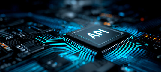 API technology integration concept in circuit board background. Concept of software development and digital innovation