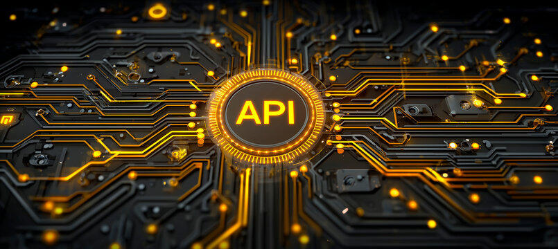 API technology integration concept in circuit board background. Concept of software development and digital innovation - Powered by Adobe