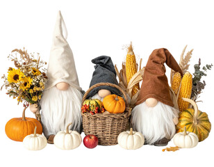 Festive autumn scene with three gnomes surrounded by pumpkins, gourds, corn, and bouquets