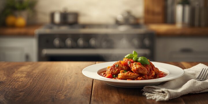 Dish featuring chicken cacciatore on a kitchen surface, highlighting rustic cooking techniques,
