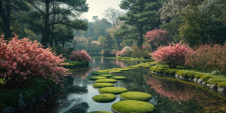 Garden scene with pond, pine trees, and pink-flowered bushes, focusing on water feature and plant placement for landscape enhancement