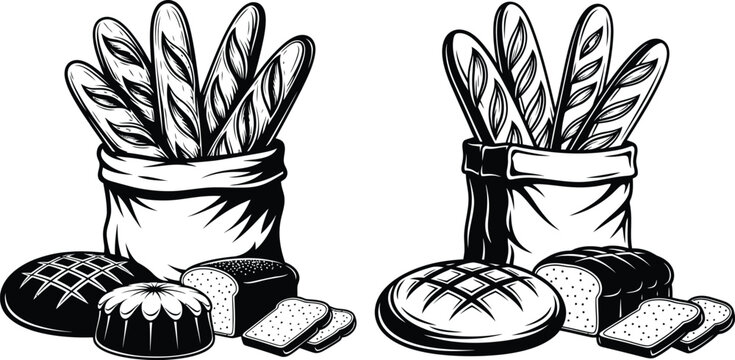 Black and white of baguettes in a bag with various bread types