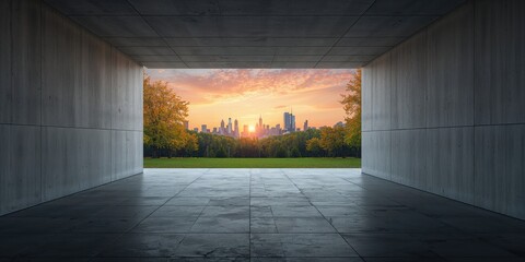 Urban corridor featuring a park background used for goods arrangement, emphasizing functional use of public space