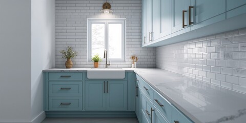 Bright kitchen scene featuring light blue cabinetry, white granite surfaces, and subway tile backsplash for interior decor focus