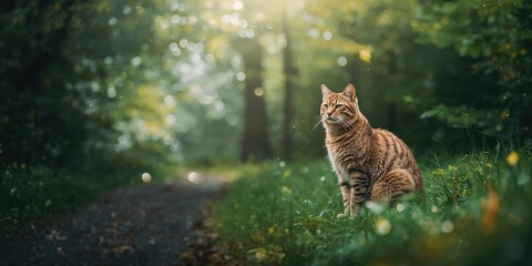 Fototapeta premium Feral feline navigating city sidewalk, highlighting urban animal behavior, World Wildlife Day