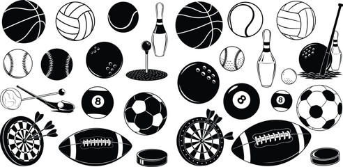 Black and white sports equipment collection including balls, darts, hockey puck, and more in simple style