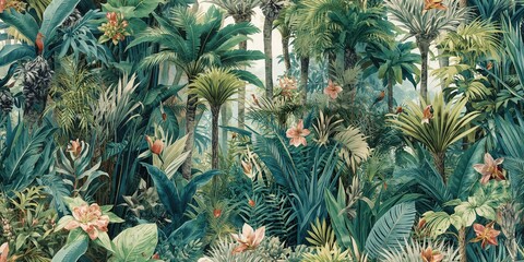 Repeated tropical plant design with dense jungle trees ideal for nature-themed textile printing