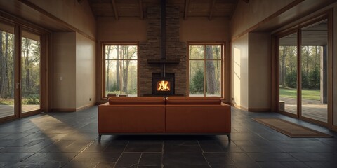 Obraz premium Cozy living space featuring a large window revealing a forest landscape and a wood stove, suitable for winter warmth