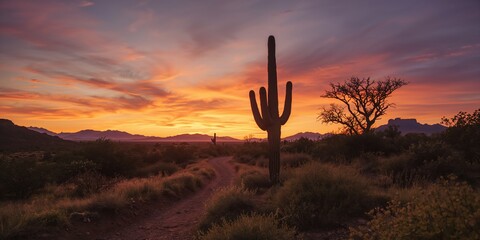 Obraz premium Sunset over arid desert landscape with colorful sky and sparse vegetation, ideal for nature-themed layouts