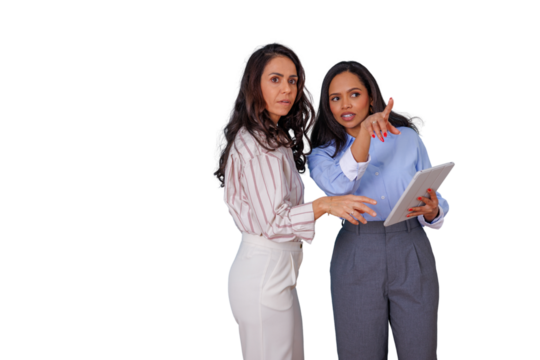 Professional businesswomen discussing project plans, pointing and interacting with digital tablet, transparent background - Powered by Adobe