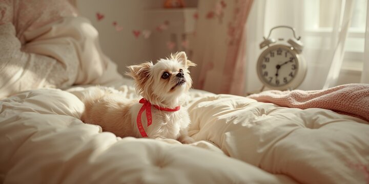 Close-up of a small cute pin-up dog with a red ribbon resting on a bed, highlighting pet relaxation, National Pet Day