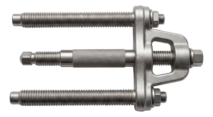 Dual-threaded spindle clutch basket puller for heavy equipment repair.