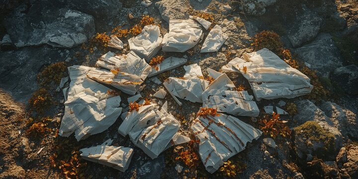 Fiberglass debris from a sunlit wrecked sailboat dispersed on rocky shoreline, marine debris removal