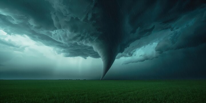 Tornado with rain and tail cloud, illustrating storm formation and atmospheric dynamics