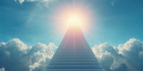 Obraz premium Ascending stairs to heaven with a sky backdrop, highlighting gradual movement and elevation in career growth