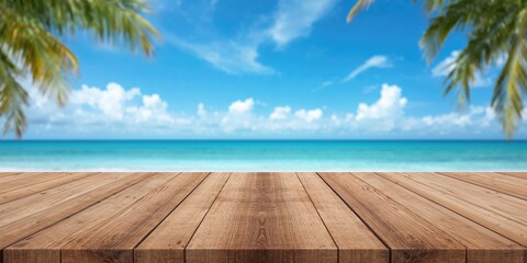 Obraz premium Landscape wallpaper background featuring a broad dining board on a wooden surface outside with serene blue sky