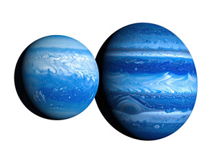 Two planets, varying sizes, showcasing swirling blue and white atmospheric bands against black space