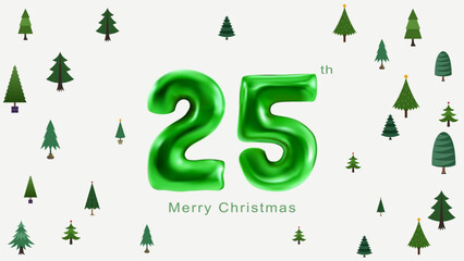 Number green 25 and Christmas tree. Celebration card, winter holiday, banner