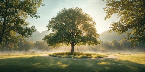 Obraz premium Tree along a mountain forest road bathed in sunlight during summer, natural landscape and seasonal growth