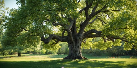Naklejka premium Large silver maple in full spring foliage within a park landscape, highlighting seasonal renewal